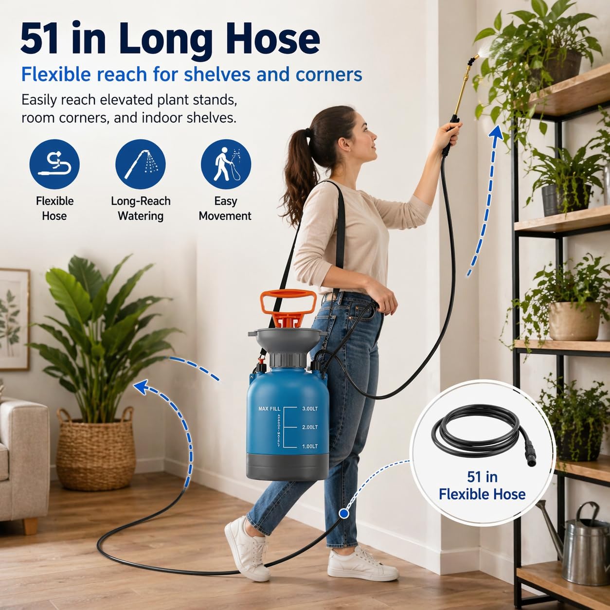 3L Blue Hanging Plant Waterer with Telescopic Wand, Long-Reach Watering Can Sprayer for Hard-to-Reach High Baskets & Wall Planters, Indoor/Outdoor Garden Tool