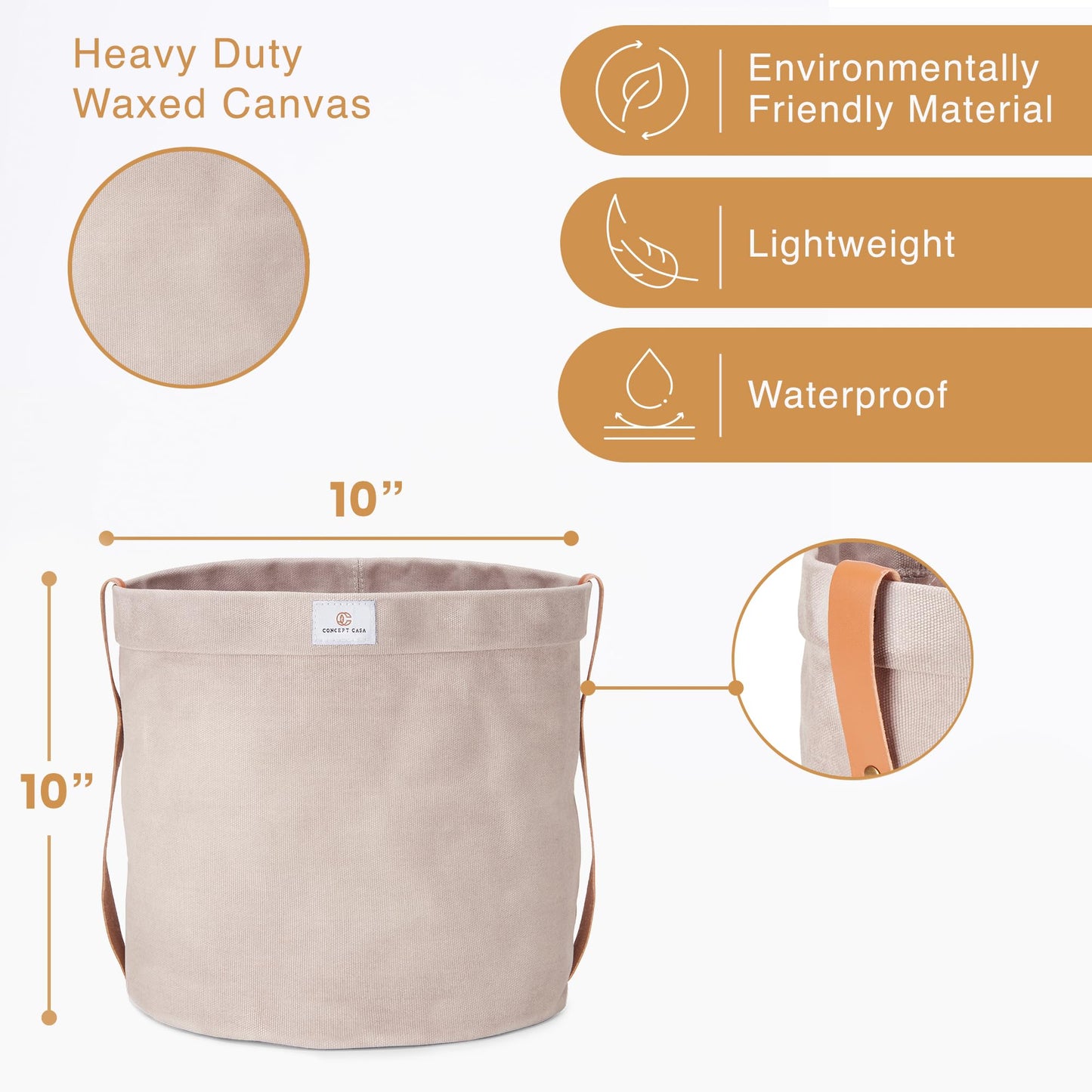Concept Casa Extra Large Waxed Canvas Planter – 10" Stone Gray Fabric Pot Cover for Indoor/Outdoor Plants, Hanging Basket & Floor Plant Holder, Handmade Decorative Plant Container