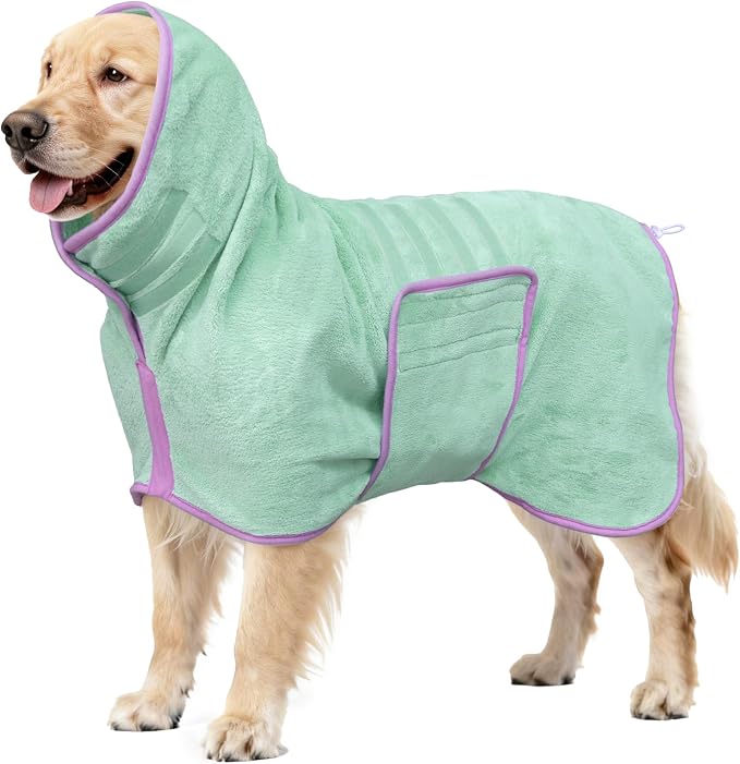 Soft Dog Bathrobe Fast Drying Dog Coat, Super Absorbent Dog Towels for After Bath, Microfiber Pet Robe Adjustable Collar & Belly Warm Keeping Dogs Coat for Pet Dogs & Cats (Green, 3X-Large)