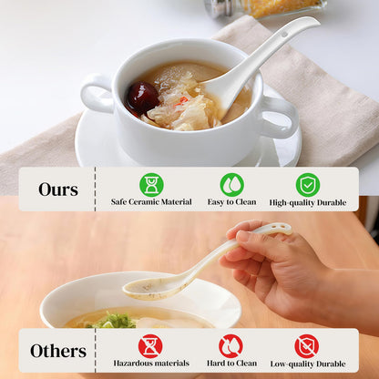 DOWAN Soup Spoons, Ceramic Asian Soup Spoons, White Japanese Spoon Large for Ramen Pho Wonton Dumpling Miso, Deep Oval Hook Design, Set of 4 (4, Soft white)