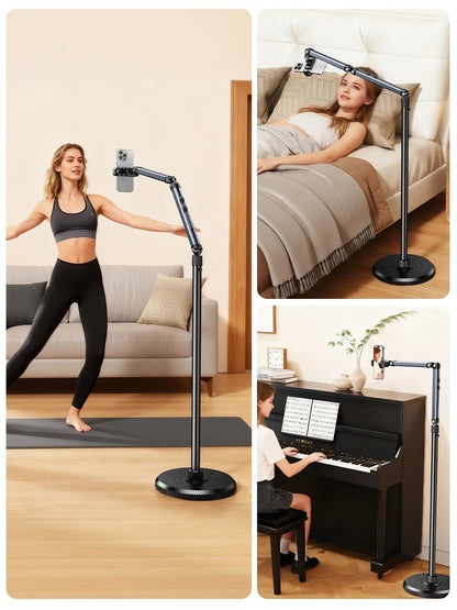NIFBANG Floor Phone Stand for Video Recording,Overhead Cell Phone Stand for Bed,360° Adjustable Desk iPhone Tripod Floor Holder with Long Extension Arm,Compatible with iPhone 17 16 Samsung and Android