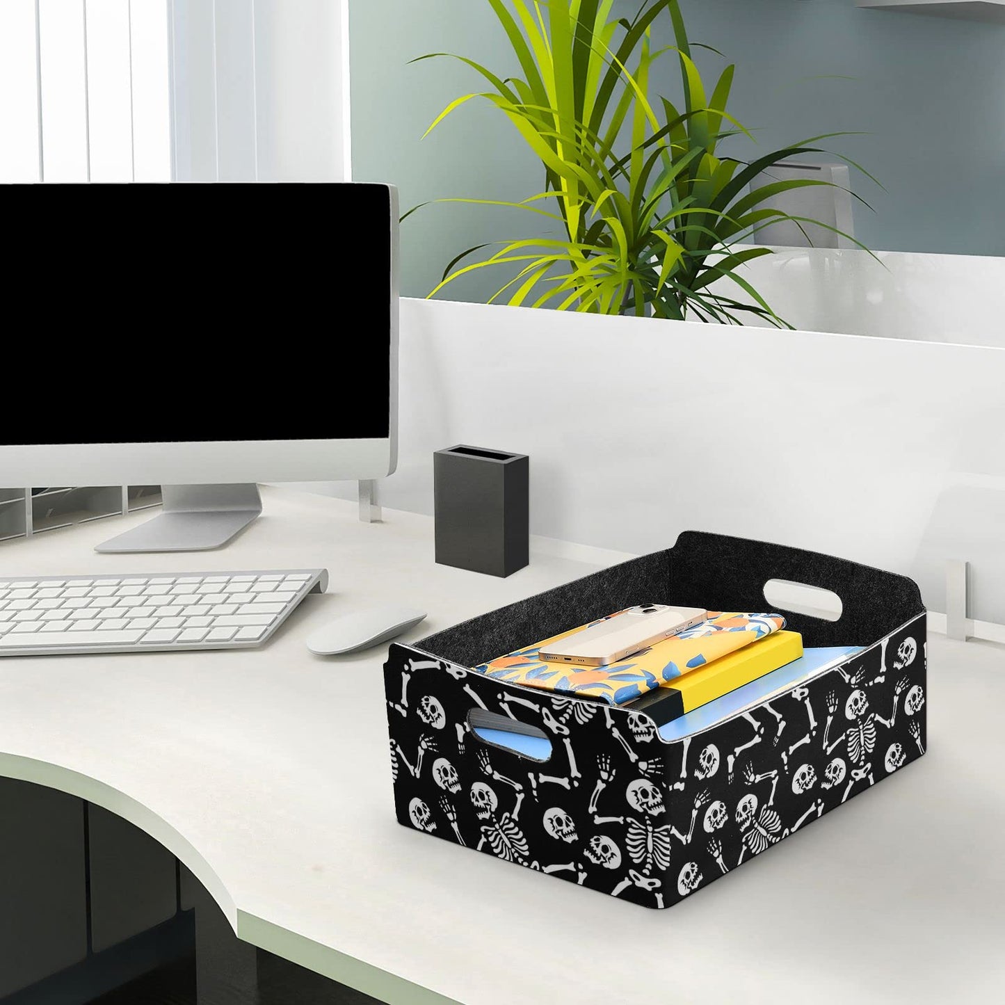 CaTaKu Foldable Storage Basket Halloween Skull Black Collapsible Felt Storage Bins with Handle Drawer Organizer Bin Cube Shelf Box for Organizing Closet Clothes Office Books Bedroom