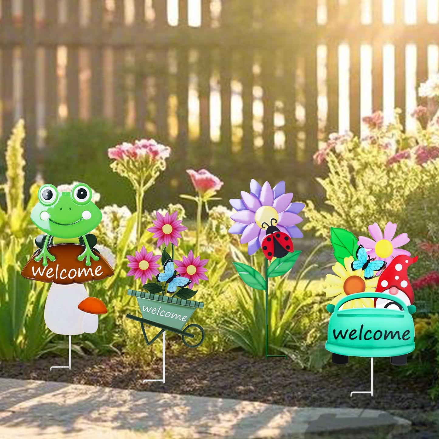 Welcome Decorative Garden Stakes, 4Pcs Flower Metal Yard Signs with Frog, Mushroom, Gnome, Butterfly and Ladybug, Garden Stakes for Spring Decor,Outdoor Lawn Yard Art Gift for Mom