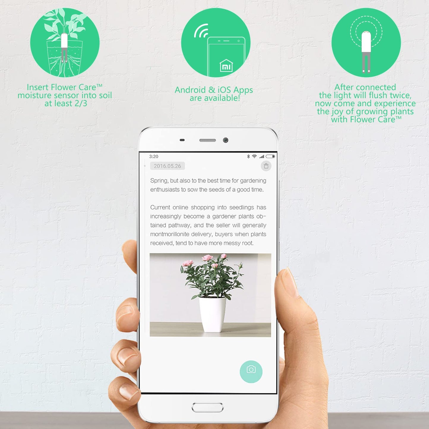 Soil Moisture Meter 4 in 1,Plant Water Monitor,Automatically detect Moisture/Temperature/Light/Fertility,Can Connect to Mobile Phone via Bluetooth,Hygrometer Sensor for Indoor Plants (3pc)