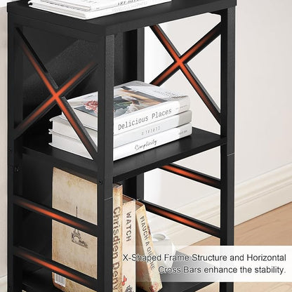 MNEETRUNG Small Bookshelf,3 Tier Industrial Bookcase with Metal Frame and Backboard,Low Black Book Shelf,Book case for Small Spaces,Living Room,Bedroom and Home Office