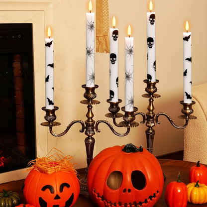 Eldnacele Halloween Flameless Taper Candles Battery Operated with Remote Timer, Set of 6 White Real Wax 3D Wick Flickering LED Taper Candles Spooky Halloween Indoor Decor(0.75" D x 9.65" H)