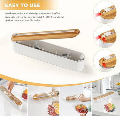 Magnetic Plastic Wrap Dispenser with Cutter - Practical Refillable Cling Wrap Aluminum Foil Dispenser with Slide Cutter, 12 Inch X 164 Feet Kitchen Food Cling Film Included, Bamboo-style