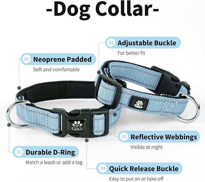 IVY&LANE 2 Pack Reflective Dog Collars and Leashs Set,Adjustable Neoprene Padded Dog Collar for Puppy, Breathable Nylon Pet Collar for Small Medium Large Dogs(Large,Blue+Pink)