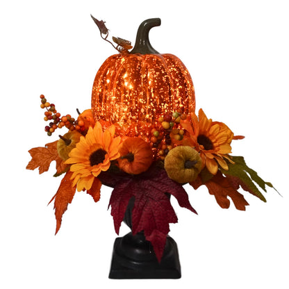 Svndlyn 15 Inch Lighted Pumpkin Fall Table Decoration Indoor Outdoor Table Centerpieces,Artificial Pumpkin with Maple Leaves Berries and LED Lights for Fall Table Centerpieces Thanksgiving Decor