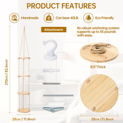 Hemp Rope Hanging Plant Shelf from Ceiling for Narrow Space or window Boho Hanging plant Shelves, Natural Pine Wooden Plant Stand Display for Indoor, Outdoor, Corner, Balcony, Living Room and Bedroom