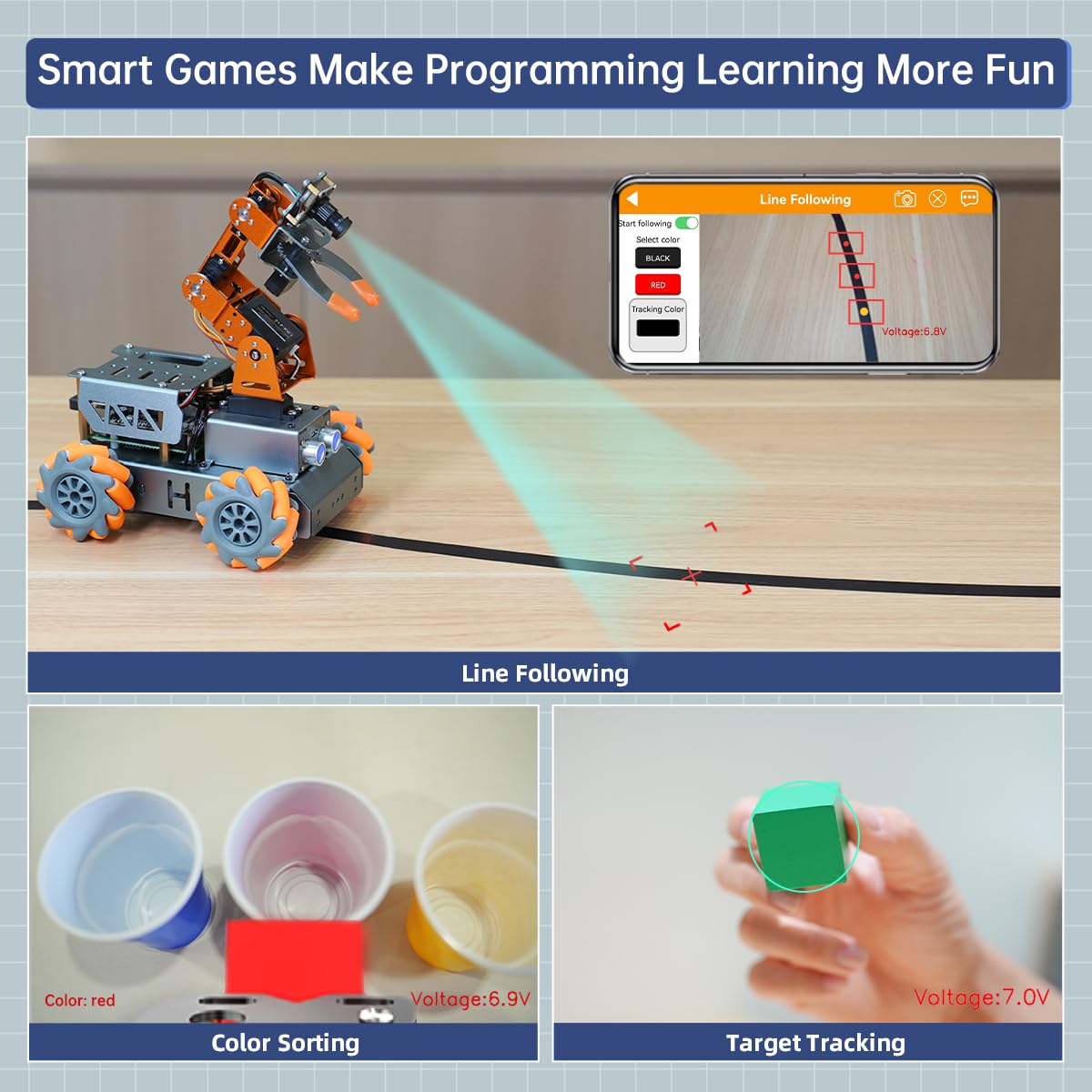 HIWONDER 5DOF AI Vision Robotic Arm Powered by Raspberry Pi Smart Robotic Arm Mecanum Wheel Chassis Robot Car Kit DIY Robot for Beginners, with RPi5 8GB
