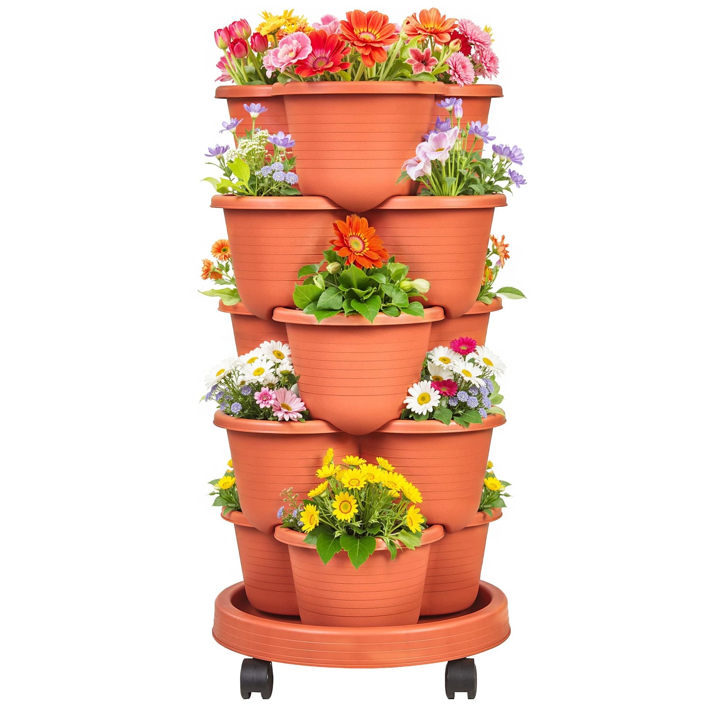 VECELO 5 Tier Vertical Garden Planter, Self Watering Stackable Planters with Wheels for Strawberries, Herbs, Flowers, Vegetables, Red