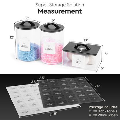 Laundry Pod Storage Container Set | Two 3L Glass Jars & One Acrylic Dryer Sheet Container with Bamboo Lids – Includes 2 Scoops, 60 Waterproof Laundry Labels – Dishwasher Safe