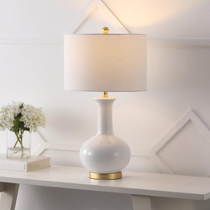 JONATHAN Y 27" White/Gold Ceramic Table Lamp for Living Room Bedroom, Modern Transitional Nightstand Lamp with White Linen Drum Shade, LED Bulb Included JYL6208A