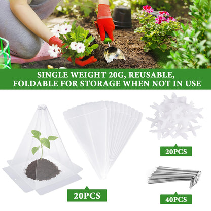 Niuyhe Garden Cloches for Plants, 20 Pack Plastic Small Plant Seedling Protector, Reusable Clear Bell Covers with 40pcs Metal Stakes, Mini Greenhouse Against Sun, Frost, Snails, Birds, 7.8" x 11"