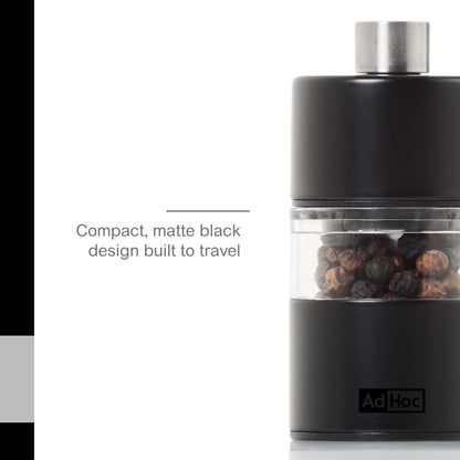 AdHoc Mini Salt & Pepper Mill - 2-in-1 Refillable Salt & Pepper Grinder Set - Features Adjustable Mechanism & Ceracut Ceramic Grinder (Black)
