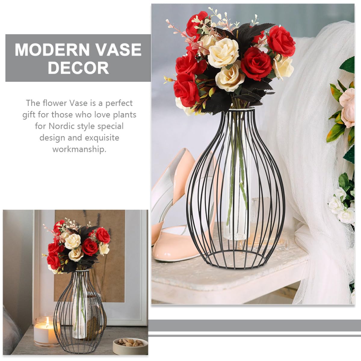 PACKOVE Iron Frame Vase and Glass Propagation Station with Geometric Metal Stand, Hydroponic Plant Holder for Nordic Home Décor, Tabletop Flower Terrarium for Indoor Gardening