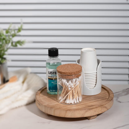 Round Decorative Tray Wood Bathroom Counter Organizer Farmhouse Kitchen Decor Wooden Riser for Soap Dish, Perfume, Candle, Sponge, 8" - Brown