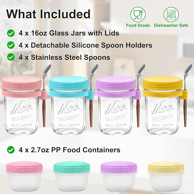 4-Pack Overnight Oats Containers with Lids and Spoons, 16 oz Glass Mason Jars with Airtight Lids and 2.7 oz Condiment Containers for Overnight Oats, Chia Seed Pudding, Yogurt, Snacks, Cereal, Fruit
