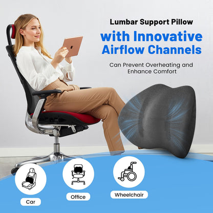 Lumbar Support Pillow for Office Chair and Car Seat - Supportive Memory Foam Cushion for Lower Back Pain Relief and Posture Correction, with Breathable Airflow Channels