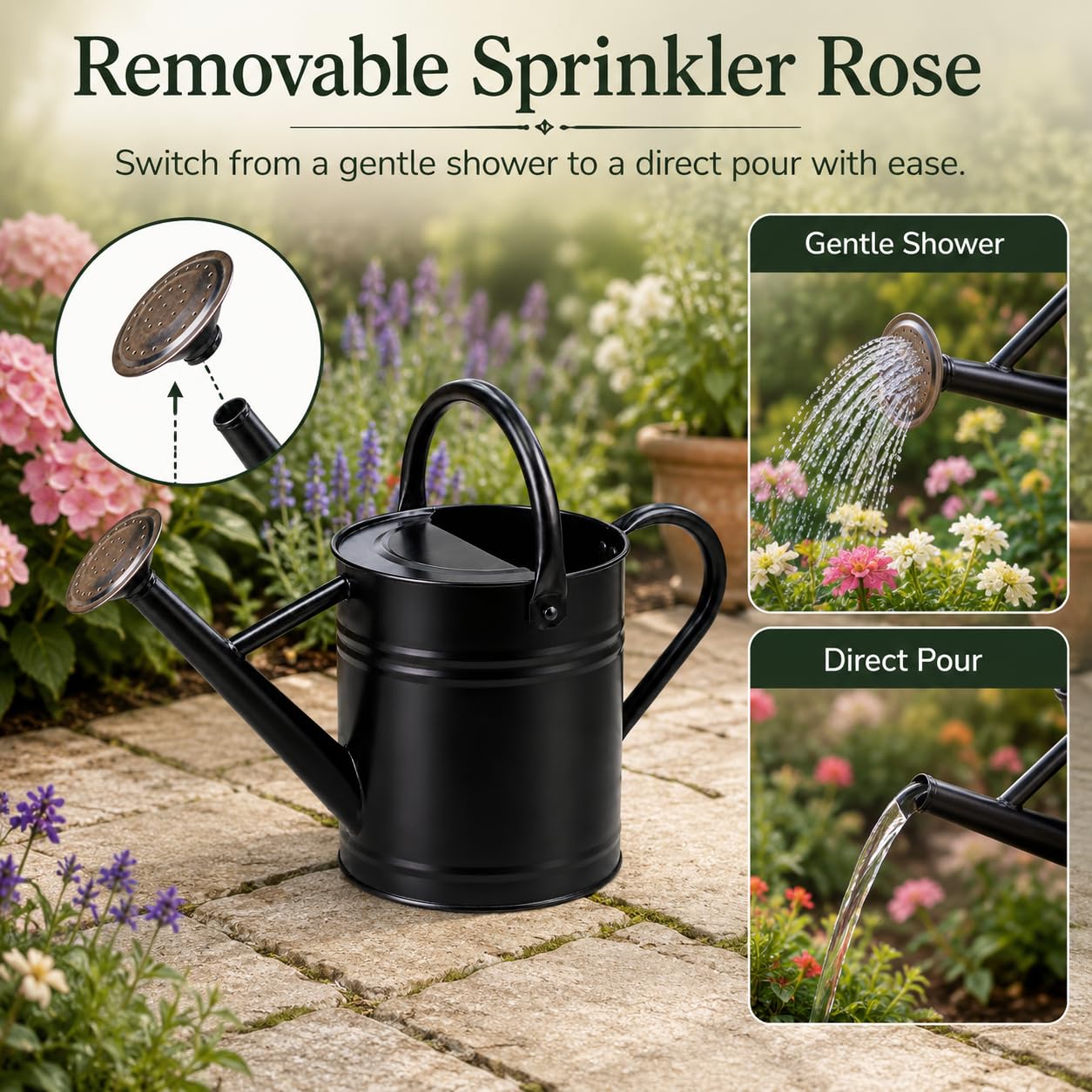 1 Gallon Metal Watering Can for Indoor Outdoor Plants, Galvanized Steel Watering Can with Removable Spout, 2 Stainless Steel Handles, Garden Flower Watering Pot
