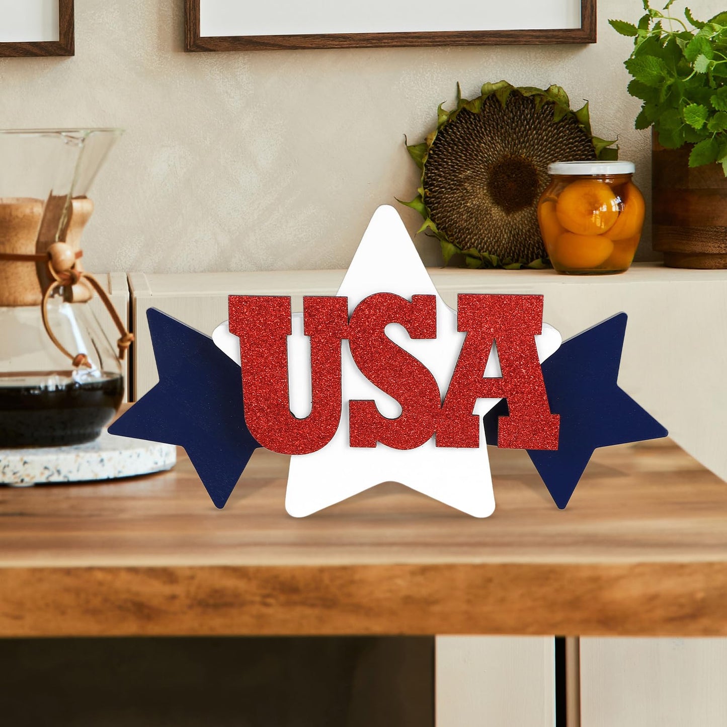 COCHIE Glitter USA Sign 4th of July Decorations for Office, Home, Table, Mantel, Shelf, Desk, 5x10 Inch Patriotic Memorial Day Star Sign, Wooden Red Blue White Decor Labor Day Centerpiece (Star)