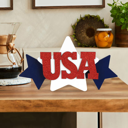 COCHIE Glitter USA Sign 4th of July Decorations for Office, Home, Table, Mantel, Shelf, Desk, 5x10 Inch Patriotic Memorial Day Star Sign, Wooden Red Blue White Decor Labor Day Centerpiece (Star)