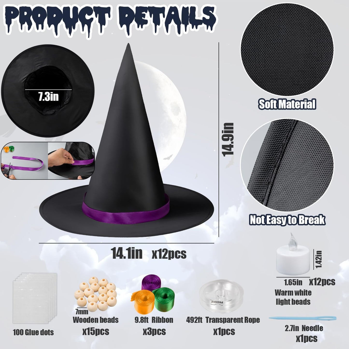 Halloween Hanging Witch Hats Decorations - 12PCS Black Witch Hats with Lights DIY Floating Witch Hats with 28PCS 3D Bats and Creepy Cloth for Halloween Porch Tree Party Decorations