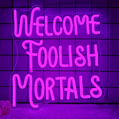 Ajoyferris Halloween Welcome Foolish Mortals Neon Sign Dimmable Gothic Haunted Mansion Led Neon Signs for Wall Decor Spooky Neon Lights for Haunted House Halloween Party Decor