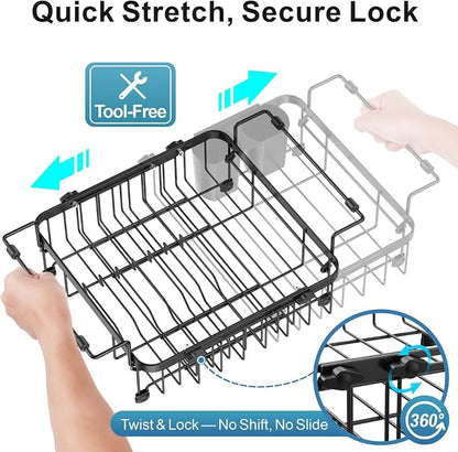 iSPECLE Dish Drying Rack Over the Sink, Expandable Dish Drainer for Small Kitchen, Apartment, RV, Dish Strainer with Utensil Holder and Twist-Lock, Space Saving, Black