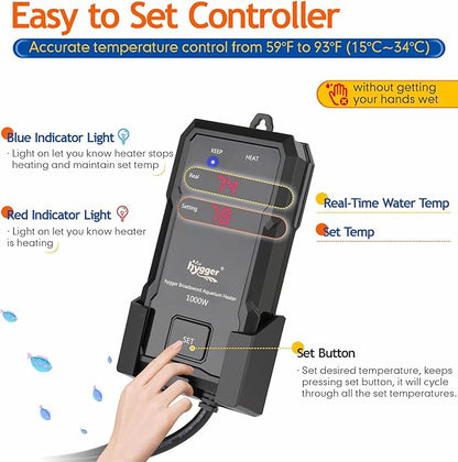hygger 1200W Aquarium Heater with Controller, Adjustable & Submersible Fish Tank Heater with Digital Display Safety Triple Protection Beeping Alarm for Saltwater and Freshwater 160-280 Gallon