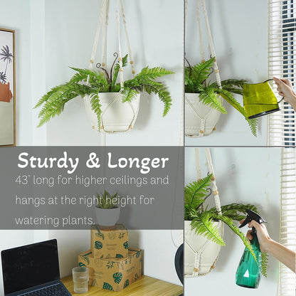 Bouqlife 43 Inches Macrame Plant Hanger Large for 12 inch Pot Extra Long No Tassel Cotton Rope Hanging Plant Holder with Ceiling Hook Bohemian Home Decor