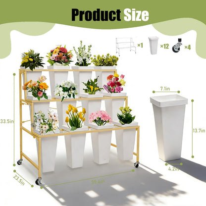 Flower Display Stands With Buckets, With 12pcs Buckets, 3-Tier Rolling Flower Bar,Heavy Duty Metal Flower Cart,For Indoor/Outdoor Use, Wedding Decor & Florist Displays (B - Gold frame, white bucket)