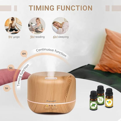 Homeweeks 300ml Essential Oil Diffuser, Quiet Aromatherapy Mist Diffusers for Essential Oils, Wood Grain, Ultrasonic, Remote Control, Timer, 7 Colors Light for Bedroom (300ml Yellow Wood Grain)