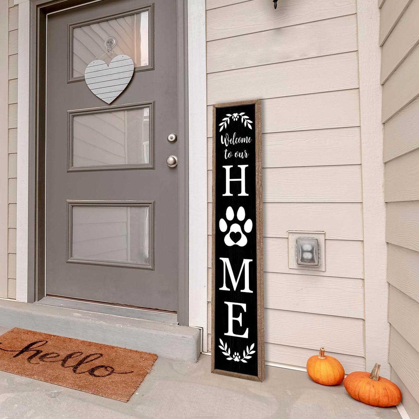 Welcome To Our Home Sign for Front Porch Standing 45X9 Farmhouse Outdoor Front Door Dog Paw Welcome Print Large Rustic Wooden Framed Long Outside Tall Vertical Hanging Decor (Wood Black)