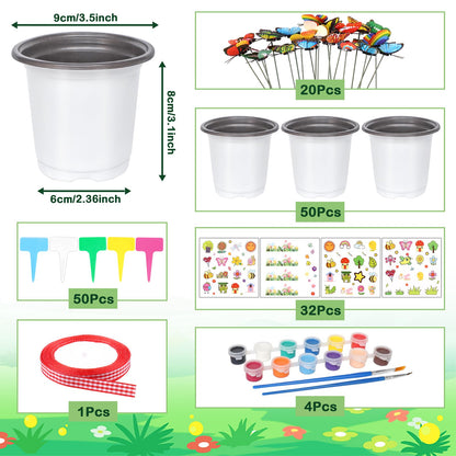Garden Plastic Pot Craft Kit 50 Nursery Pots with 32 Stickers 50 Plant Labels 4 Painting Tools and 1 Ribbon for Flower Plant Spring Summer Graduation DIY Crafts Painting Gardening Growing Tools