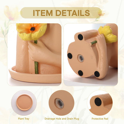 Meltset M Face Planter Pot Head Planter for Indoor Plants, Cute Girl Holding Poppy Flower Pot with Drainage Hole, Resin Succulent Cactus Planter, Unique Gardening Gifts for Women Mom Teacher (Brown)