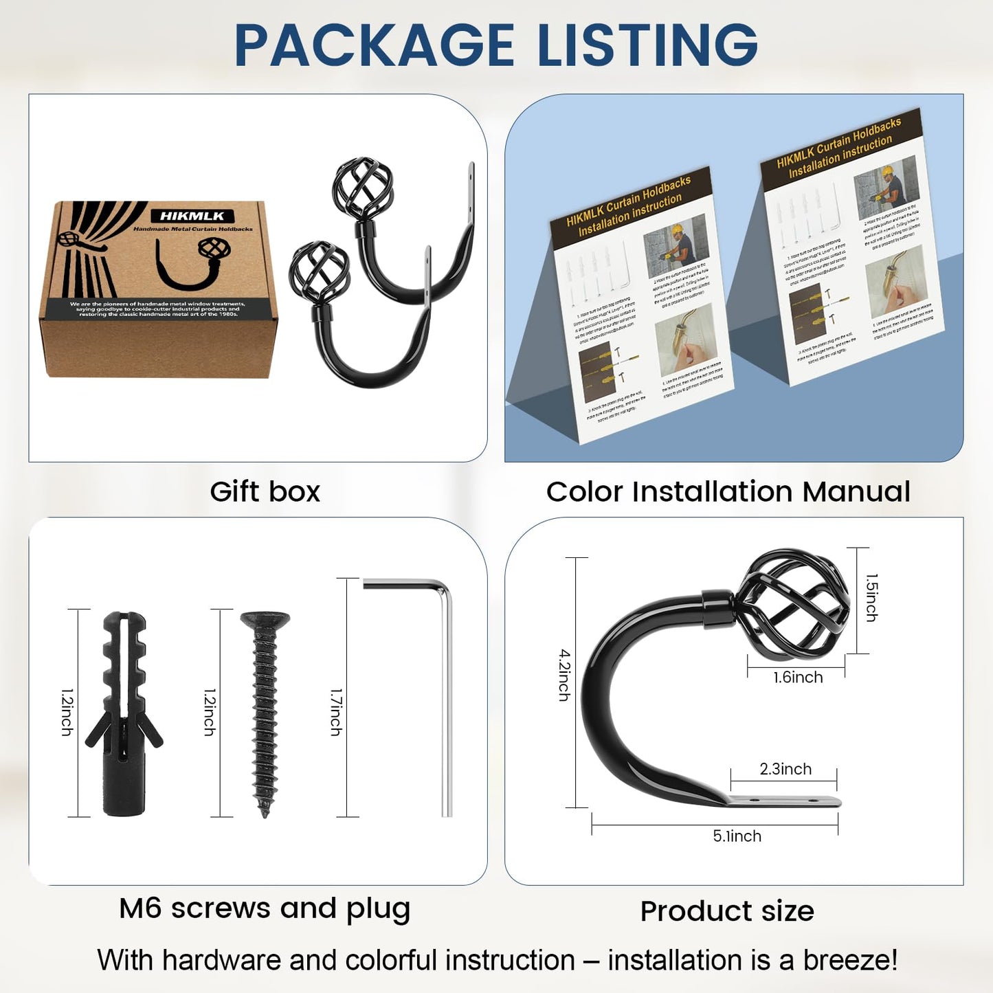 HIKMLK 2pcs Piano Black Metal Curtain Tiebacks - High-Gloss Solid Cast Iron Geometric Holdbacks & Side Holders, Luxury Pull Back Holders for Drapes Window Home Decor