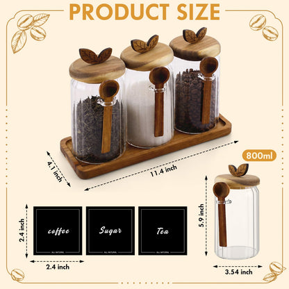 Suclain 3 Sets Glass Coffee Sugar Tea Canister 27 oz Airtight Food Storage Jar with Wooden Lid Spoon Shelf Labels Clear Glass Container for Sugar Coffee Bean Holder Salt Tea Housewarming Gift