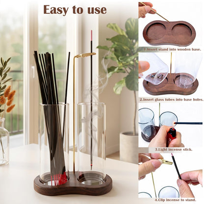 2 in 1 Mess-Free Hanging Incense Holder for Sticks, Anti-Ash Glass Incense Burner with Wooden Tray, Vertical Brass Stand Catcher, Aesthetic Zen Room Decor for Aromatherapy and Meditation
