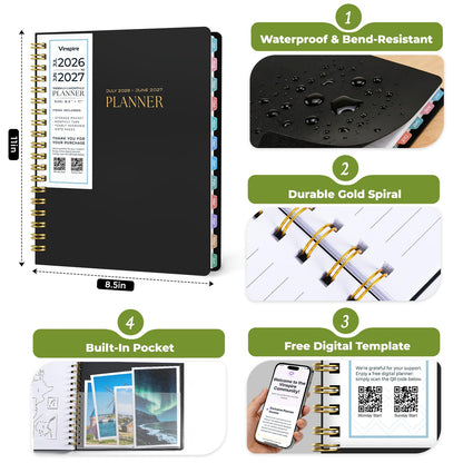 Vinspire 2026 Planner - Yearly, Monthly, and Weekly Planner 2026-2027 for Teachers & Students - Spiral US Academic Year Student Calendar Planners with Notes Pages 2026 Planner Weekly and Monthly - Large (Black, 8.5"×11")