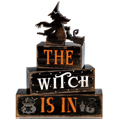 4 Pcs Halloween Table Decor Witch Black Cat Wooden Sign Halloween Tiered Tray Decor Farmhouse Witch Tabletop Centerpiece Rustic Brew Wooden Block Signs for Home Office Kitchen Shelf
