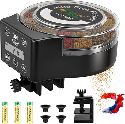 hygger Automatic Fish Feeder for Aquarium: Auto Fish Food Dispenser with LED Display & Timer, Precision Auto Aquarium Vacation Feeder for Fishes with 3 AA Batteries for Betta Turtle Goldfish