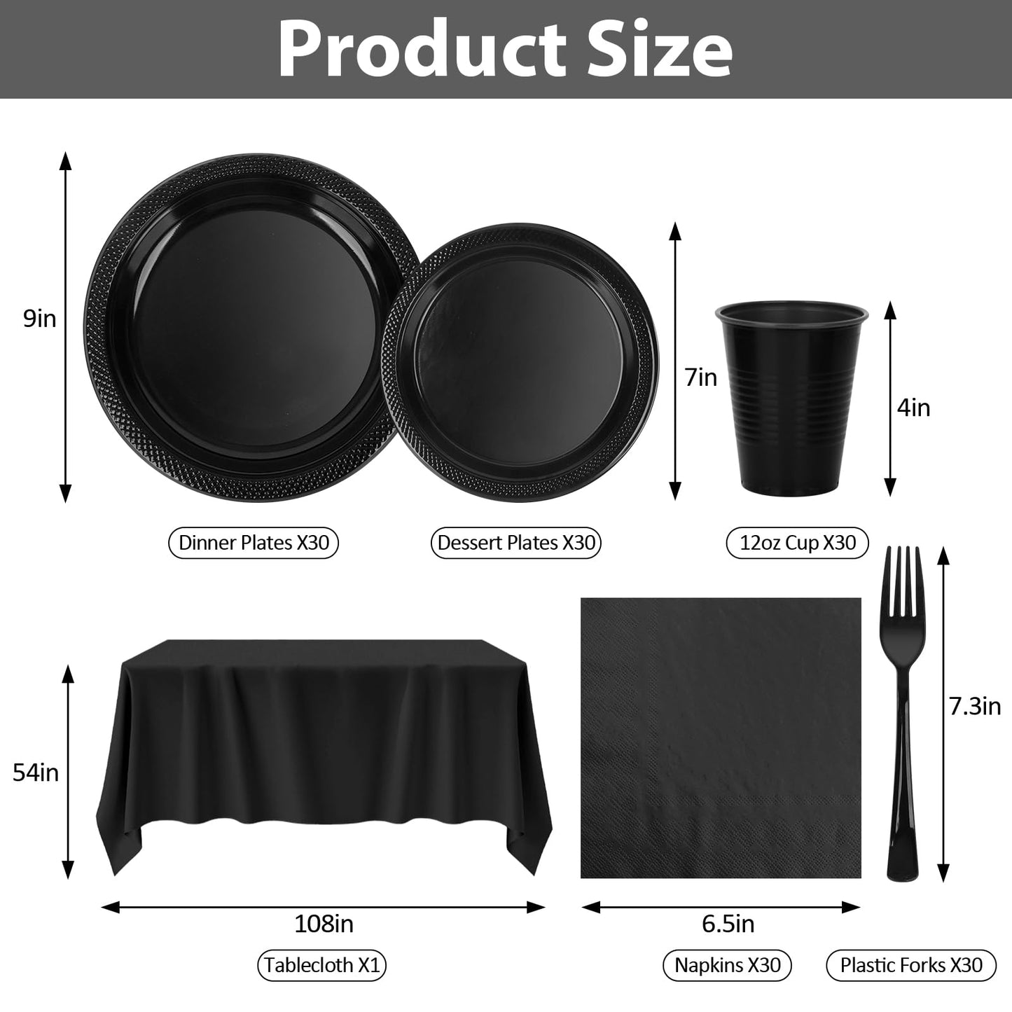 CLIYTICA Black Plastic Plates for Party,30 Guest Disposable Plastic Plate Set 9" Plates,7" Dessert Plates,Napkins,Cups,Forks & Tablecloth for Birthday,Halloween,Christmas,Graduations
