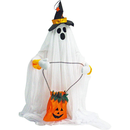 Haunted Hill Farm Friendly Ghost Halloween Animatronic with Touch Activated Lights and Music, Battery Operated Indoor or Covered Outdoor Halloween Decorations, Cute and Modern Halloween Props for Home