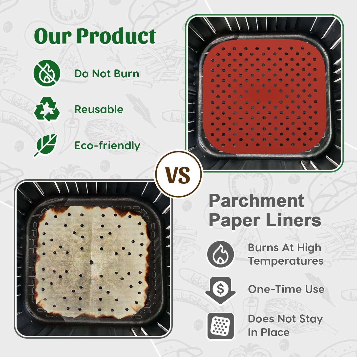 Reusable Square Silicone Air Fryer Liners (8.5 Inch, 3 Pack) by Linda’s Essentials - Non-Stick, Easy-Clean Accessories with Cheat Sheet & Recipe Book, Perfect for Quick Meals