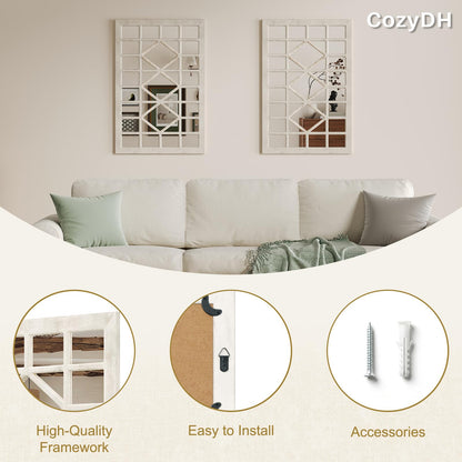 CozyDH Farmhouse Window Pane Mirror Decor - 24x36 inch Retro White Rectangle Wall Mirror Soli Wood Frame, Decorative Wooden Accent Mirror for Entryway, Fireplace, Living Room, Hallway, Dining Room