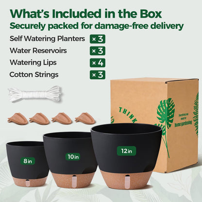 T4U 3 Pack Self Watering Pots (8"+10"+12") - Water Level Indicator & Deep Reservoir, Mess-Free Planters for Busy People, Beginners & Gardeners, Fits Pothos to Monstera, Indoor Outdoor Use (Black)