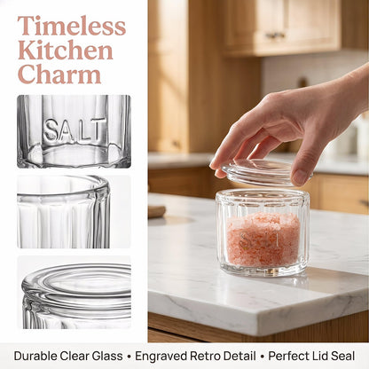 Nicunom 2 Pack Clear Glass Salt Cellar with Lid, Salt Storage Container Salt Box, Retro Style, Kitchen Decor, Wedding Gift, 3.75" D x 3.15" H