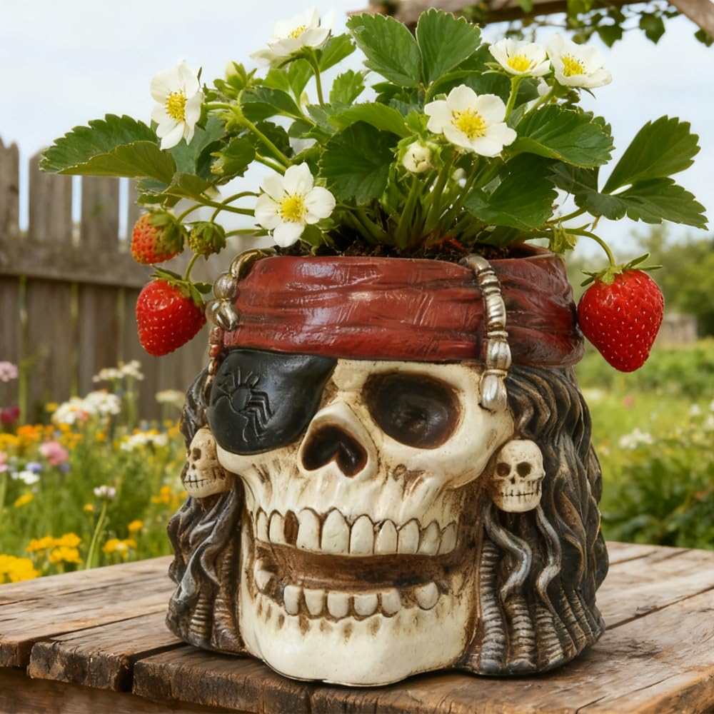 Skull Planter, Skulls Flower Pot, Skull Bowl, Skeleton Succulent Pots, Gothic Plant Pots with Drainage, Goth Statue Flower Pots, Indoor/Outdoor Pirate Figurine, Halloween Decoration, Funny Home Decor